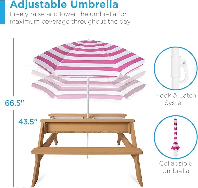 Best Choice Products Kids 3-in-1 Sand & Water Table, Wood Outdoor Convertible Picnic Table w/Umbrella, 2 Trays, Removable Top, 220lb Capacity Per Bench - Natural/Dark Pink