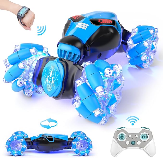 Powerextra RC Stunt Car Toys for 6-12 Year Old Kids - 4WD Remote Control Car - Gesture Sensor - Double Sided Rotating RC Car - Lights, Music - Perfect for Boys & Girls' Birthday