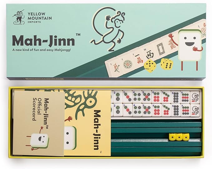 Yellow Mountain Imports "Mah-Jinn, a New Kind of Mahjong for Young Players - Complete Set with 152 Melamine Tiles, 4 Wooden Racks, and Dice