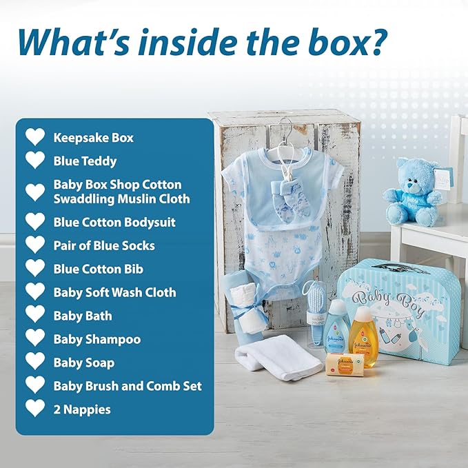 Baby Box Shop Baby Shower Gifts Boy - 12 pcs Newborn Essentials for New Born Baby Boy Gifts - New Baby Boy Gifts Set, Newborn Baby Boy Hamper Gift for Baby Boy - Newborn Baby Boy Gifts Set - Blue