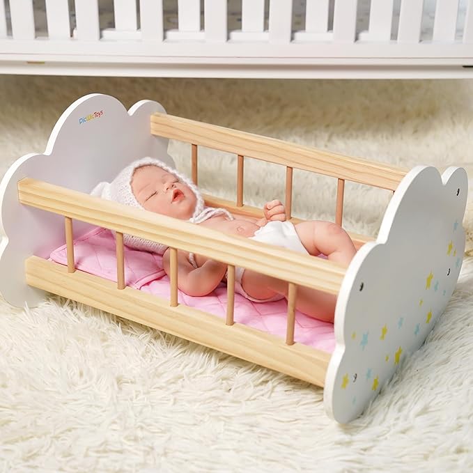 BABESIDE Wooden Baby Dolls Bed for 12-16 Inches Doll, Rocking Babys Doll Crib, Sleep Bed, Baby Dolls Accessories Furniture fit Newborn Dolls Boys&Girls