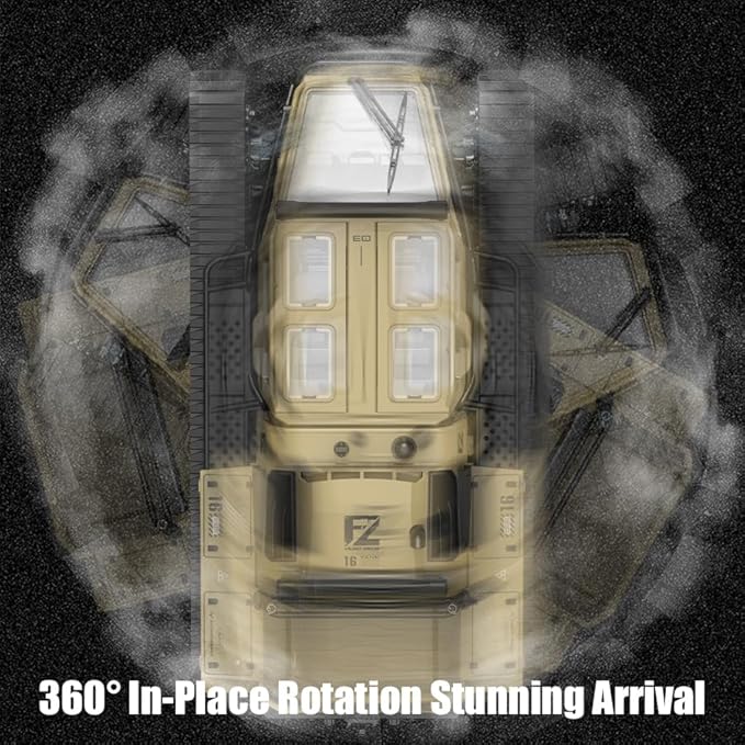 RC Tank Car, 1:16 Remote Control Crawler 10KM/H High Speed Tank, 2.4Ghz RC Rock Crawler Off-Road 4WD 360°Rotating Drifting Car with 2 Batteries, Military Truck Toy for Kids