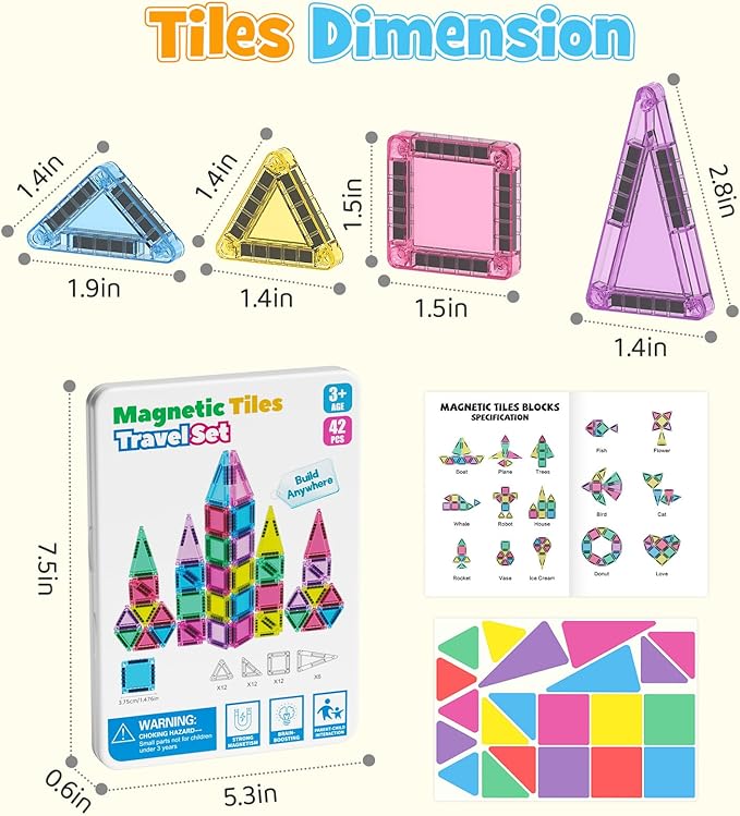 42PCS Mini Magnetic Tiles Travel Set with Iron Storage Box - Portable STEM Building Blocks for Kids 3-8, Montessori Educational Magnet Toys for Airplane, Car Rides & On-The-Go Play