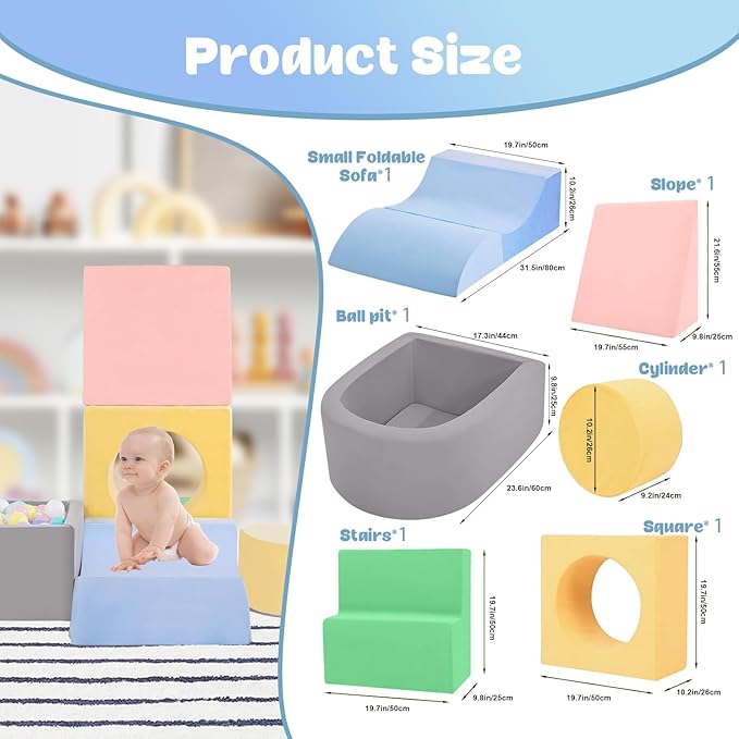 Climbing Toys for Toddlers 1-3 Inside, Baby Foam Climbing Blocks with Ball Pit for Toddlers, 6-Piece Soft Play Climbing Blocks, Indoor Climb Crawl Activity Play Set, Birthday Gift (Balls not Included)