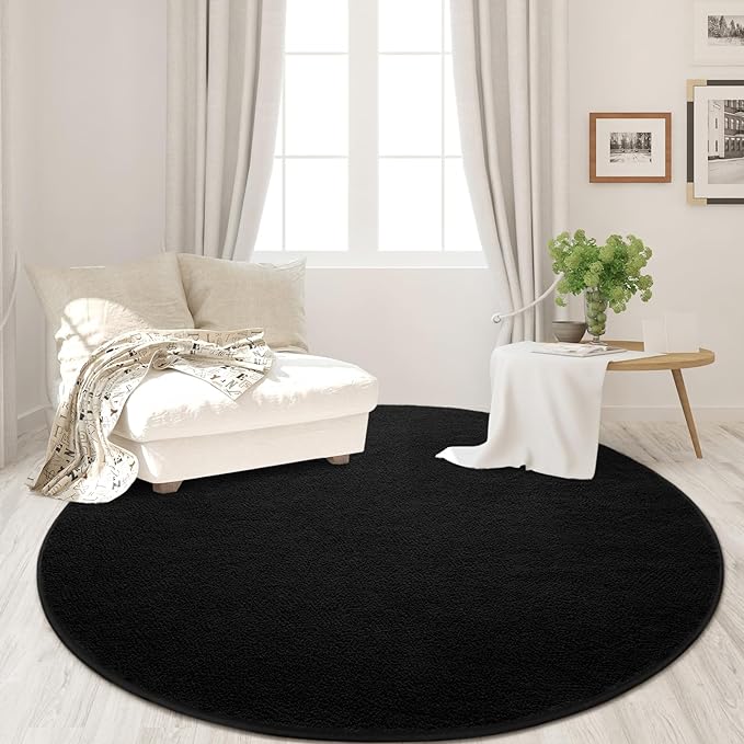 FlyDOIT Round Area Rugs for Bedroom Living Room, 4x4 Black Super Soft Comfy Thickened Memory-Foam Indoor Circle Carpet, Modern Aesthetic Minimalist Carpet for Boys Girls Adults Nursery Home Décor
