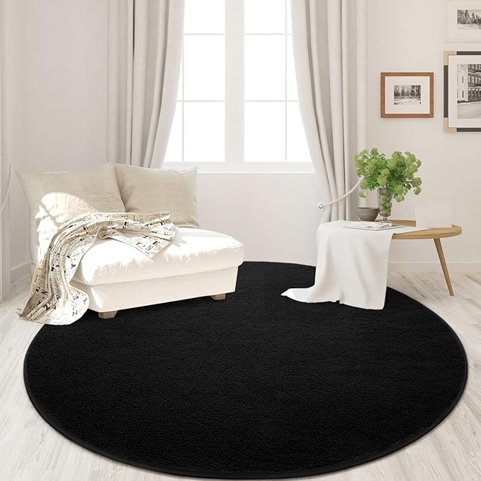 FlyDOIT Round Area Rugs for Bedroom Living Room, 5x5 Black Super Soft Comfy Thickened Memory-Foam Indoor Circle Carpet, Modern Aesthetic Minimalist Carpet for Boys Girls Adults Nursery Home Décor