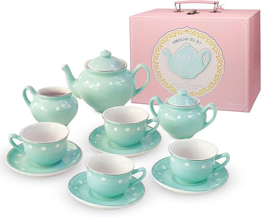 Bright Stripes Porcelain Tea Set for Kids - Premium Quality Pretend Play - 4 Cups, Saucers, Pot, Sugar, Creamer - Ideal for Girls
