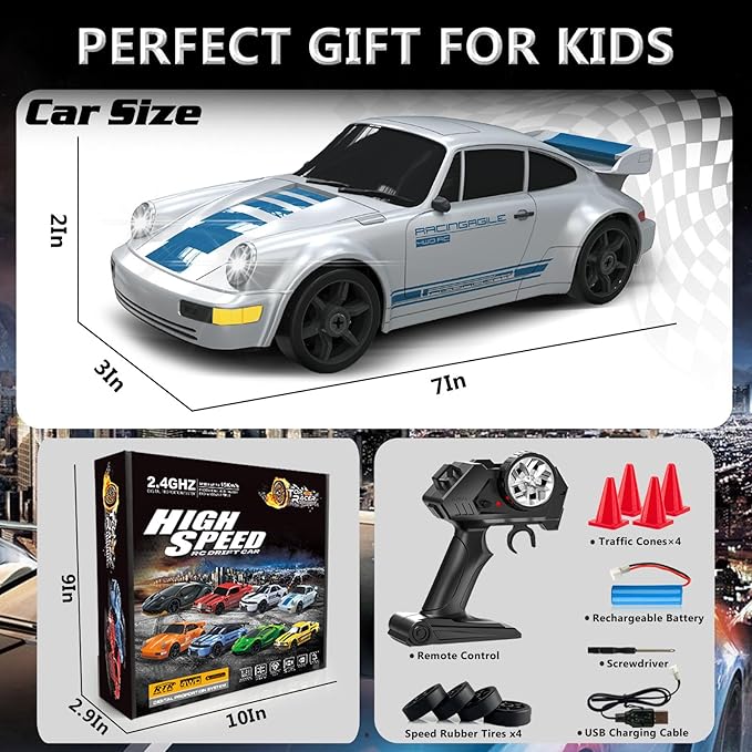 RC Drift Car 1:24 Remote Control Car 4WD 15KM/H High Speed Racing Sport Car with LED Lights RC Cars Toy Cars for Kids Boys Girls Adults Gifts Birthday Christmas Rechargeable Batteries