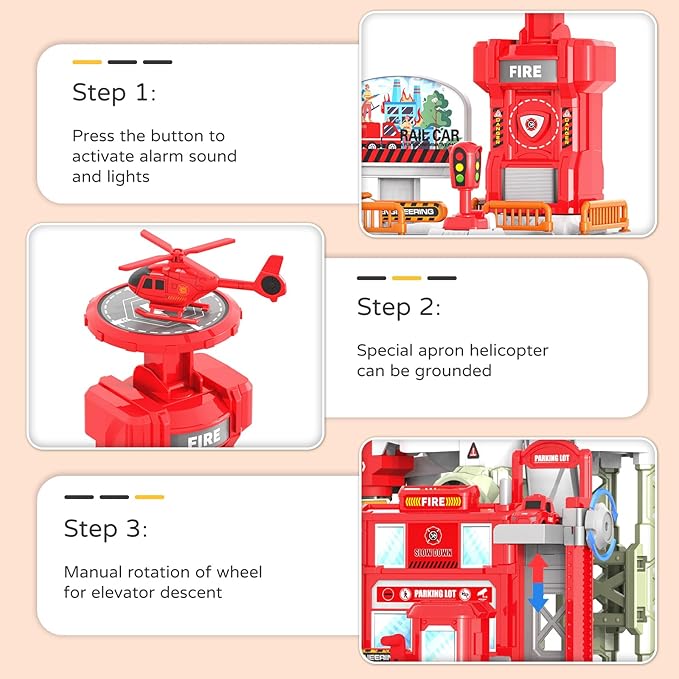 52PCS Fire Rescue Adventure Track Playset for Kids Ages 3+, Electric Ladder, 3 Mini Cars&one Airplane, Multi-Level Tracks with Lights & Sounds, Obstacles & Role Play, Gift for Boys & Girls