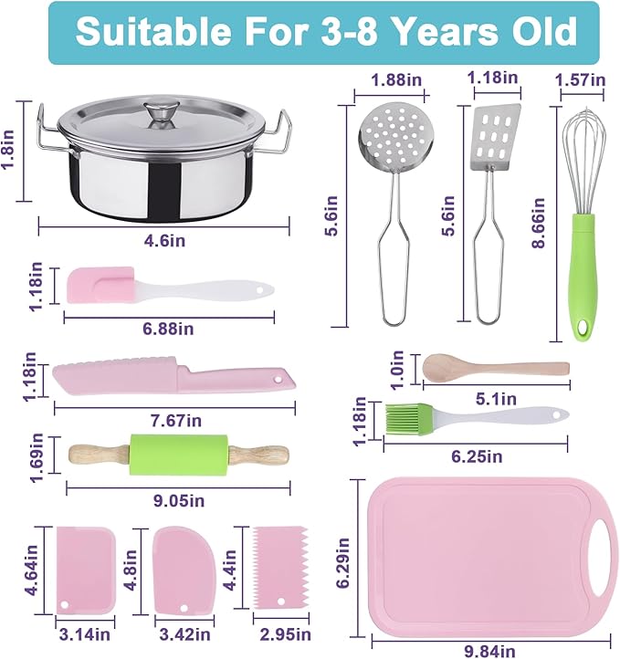 42 Pieces Kids Real Cooking Set,Kids Knife Set, Kids Baking Set,Cookware,Kids Play Pots and Pans,Mini Stainless Steel Pretend Play Cooking Toys,Apron and Chef Hat for Girls,Sensory Toys