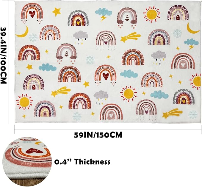 Boho Rainbow Soft Kids Play Rug, Washable Foldable Baby Crawling Floor Mat, Non Slip Nursery Area Rug for Children Living Room Playroom Classroom Bathroom Bedroom Kids Room Decor