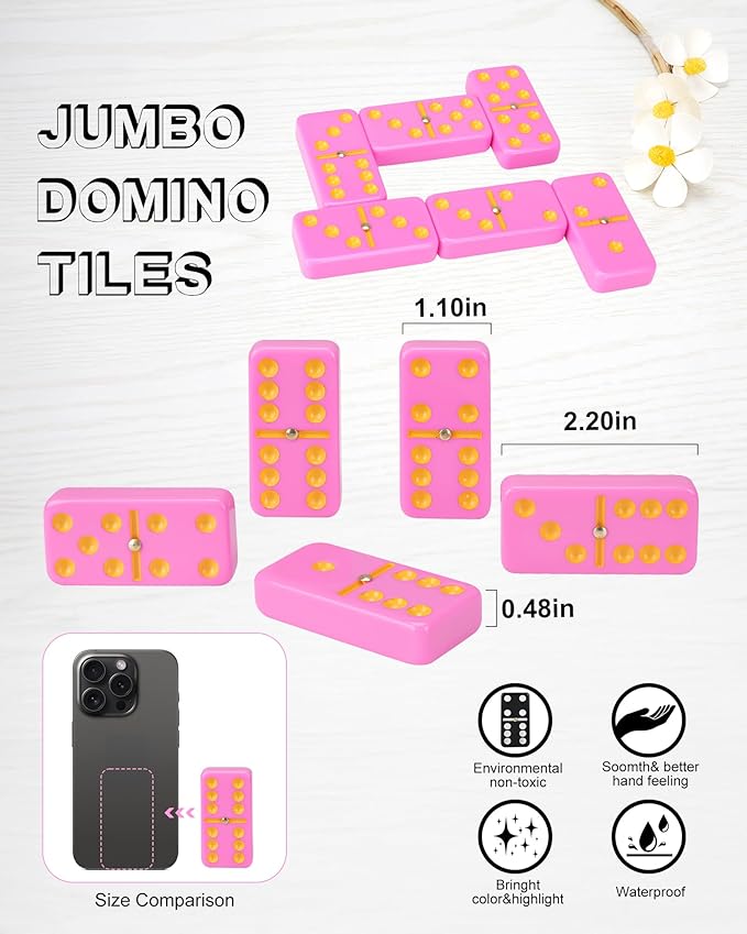 KAILE Double 6 Jumbo Dominoes 28 Tiles Classic Board Games for Kids and Adults with 4 Racks and Bag (Pink)