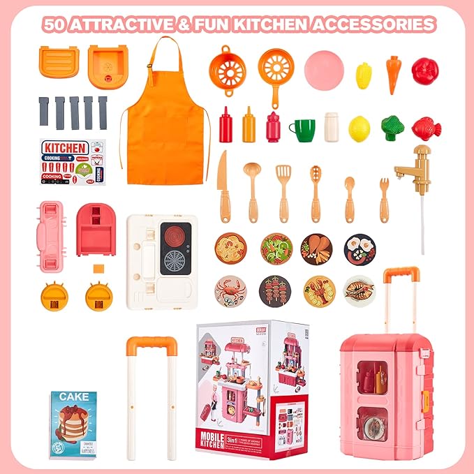 3-in-1 Kids & Toddler Play Kitchen - Interactive Kitchen Playset with Real Cooking Sounds & Lights, 50 Accessories & Flowing Water Feature, Portable Travel Suitcase Design Learning Toys for Ages 2-6