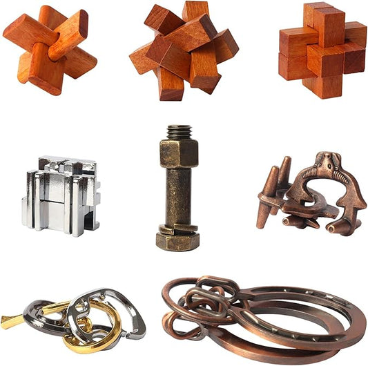 8pcs Puzzles Gift Wooden and Metal Brain Teaser Puzzles for Adults Unlock Interlocking Puzzle Kids IQ Education Smart Puzzle Toys