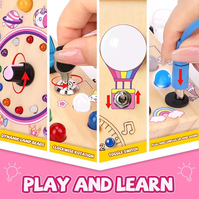 Unicorn Busy Board, Montessori Wooden Toddler Toys, Sensory Travel Toys, Ideal Gift for 1+ Year Old Girls (Unicorn Busy Board Plus V2)