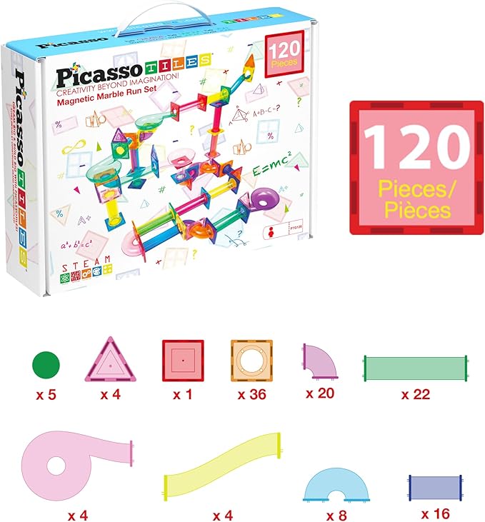 PicassoTiles Marble Run 120 Piece Magnetic Building Blocks Magnet Tile Construction Toy Playset STEM Learning Educational Block Child Brain Development Kids Toys for Boys and Girls Age 3 and Up