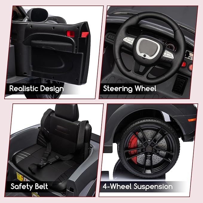 Kids Electric Car | Licensed Dodge Challenger Ride-On 12V Battery-Powered Vehicle with Remote, LED Lights, Bluetooth, MP3 for Boys and Girls, Grey