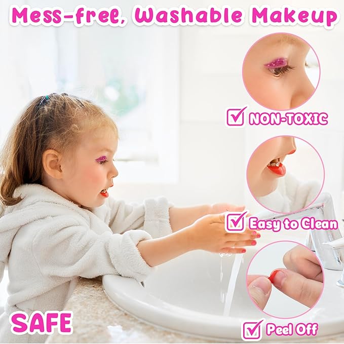 58Pcs Kids Makeup Kit for Girl - Real Washable Cosmetic Set with Light Up Mirror - Kids Makeup Sets for Girls -Play Make Up Birthday for Age 3 4 5 6 7 8 9 10 11 12 Years Old Kid -Rose