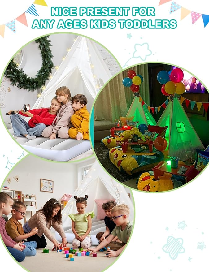 Teepee Tent for Kids Sleepover Party 2 Pack: Inflatable Airbed & Star Lights & Colored Flag - Indoor Outdoor Toddler Play Tent for Girls Boys Birthday Gifts Slumber Party (White)