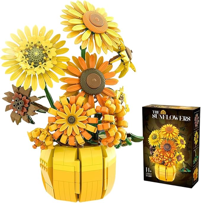 Simulation Sunflower Building Blocks Kit 1009PCS, Artificial Flowers Botanical Collection for Adults 14+, Van Gogh Flowers DIY Home Décor Office Desk, Compatible with Lego Valentine's Day Mother's Day