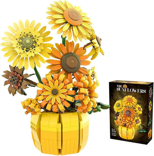 Simulation Sunflower Building Blocks Kit 1009PCS, Artificial Flowers Botanical Collection for Adults 14+, Van Gogh Flowers DIY Home Décor Office Desk, Compatible with Lego Valentine's Day Mother's Day
