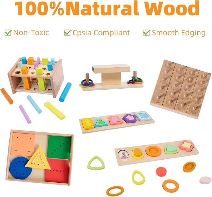Adena Montessori Play Kit for 22-24 Months Baby,7 in 1 Learning Educational Toys for Toddler,Include Geo Shapes Puzzle,Montessori Cylinder Blocks and More,Christmas Birthday Gift for Boys Girl