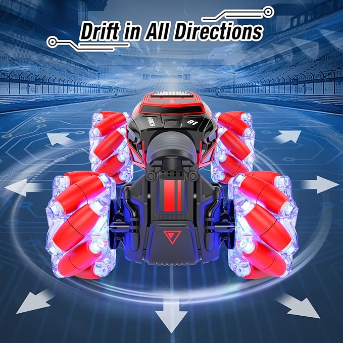 Powerextra Remote Control Car, 4WD 2.4GHz Gesture Sensing Rc Stunt Car, Double Sided 360°Rotating Off Road Car with LED Light & Music, Toy Cars for 6-12 Year Old Boys & Girls - Red