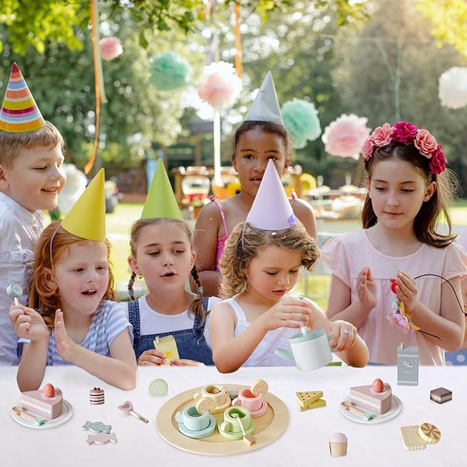 Wooden Tea Party Set for Little Girls, 34 PCS Wooden Tea Set for Toddlers 3-5, Pretend Play Kids Wood Tea Set Toy, Play Kitchen Accessories with Play Food, Improve Imagination