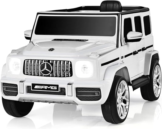 OLAKIDS 12V Kids Ride On Car, Licensed Mercedes Benz G63 Electric Vehicle with Remote Control, Double Open Doors, Music, Bluetooth, 2 Speeds, Wheels Suspension, Battery Powered Driving Toy (White)