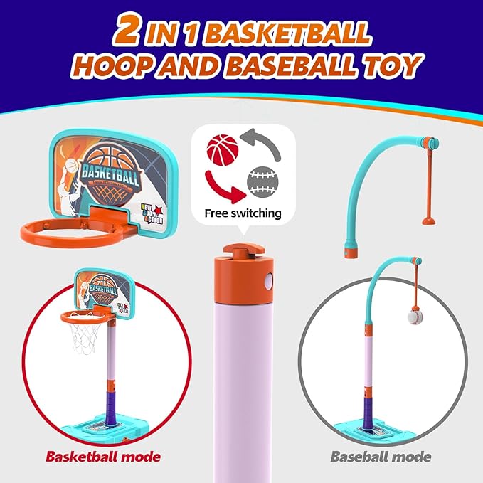 Kids Basketball Hoop and T-Ball Set for Kids 3-5, 3 Adjustable Toddler Basketball Hoop Indoor Outdoor Kids Toys Birthday Gift for Boys Girls
