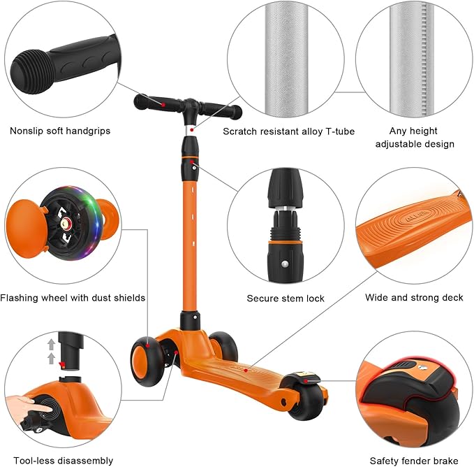 Allek Kick Scooter B03, Lean 'N Glide 3-Wheeled Push Scooter with Extra Wide PU Light-Up Wheels, Any Height Adjustable Handlebar and Strong Thick Deck for Children from 3-12yrs (Orange)