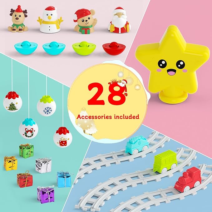 My First Christmas Tree for Toddlers, Montessori Christmas Decoration Toy with Ornaments, Mini Train Set, Roly Poly Toys, Finger Puppets, Birthday Xmas Gifts for Little Kids Boys and Girls