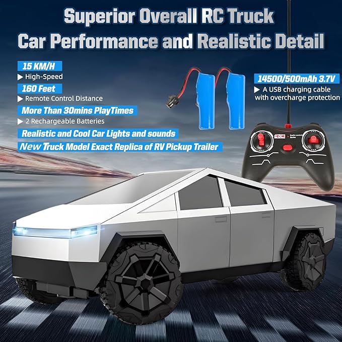 Truck Remote Control Car - Truck Toy, 2.4GHz RC Cars with Long Battery Life and Light Effects, All Terrain Electric Vehicle for Kids, Brithday Gifts for Boys Girls & Adults