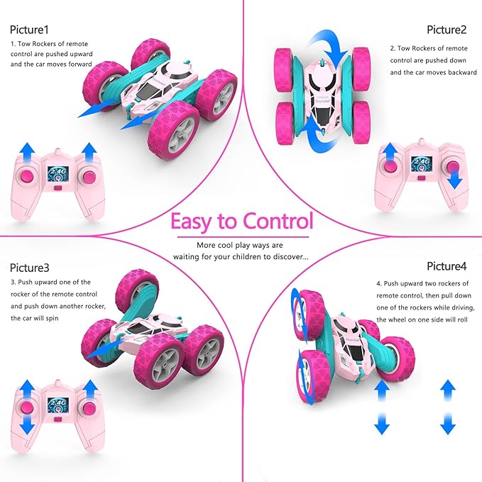 Remote Control Car for Girls Pink RC Car Double Sided 360°Flip Stunt Car with Headlights, Girl Princess Toys Rechargeable Toy Car for 6-7 6-8 9 10-12 Year Old Girls Birthday