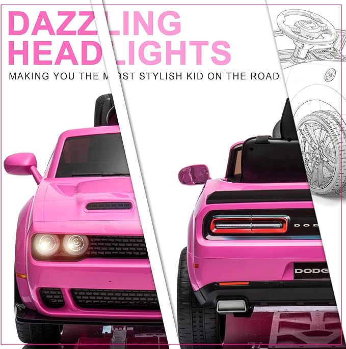 Kids Electric Car | Licensed Dodge Challenger Ride-On 12V Battery-Powered Vehicle with Remote, LED Lights, Bluetooth, MP3 for Boys and Girls, Pink