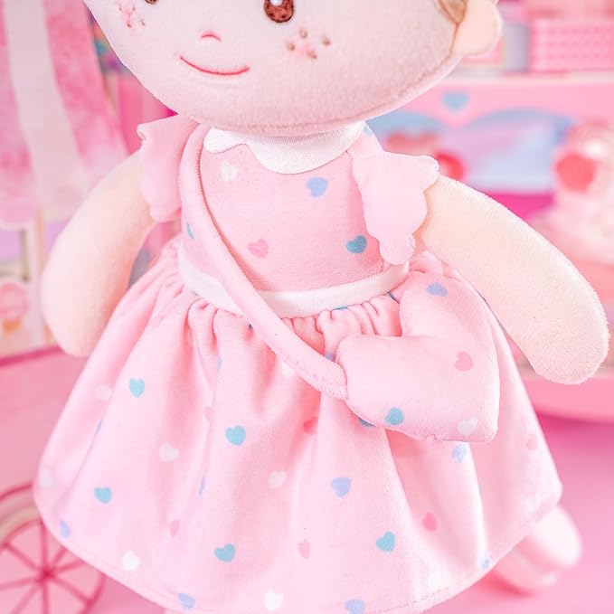 Onetoo First Baby Dolls Plush Rag Doll Soft Baby Toy Girls Sleeping Cuddle Buddy Doll Wear Pink Dress 14"