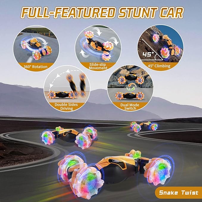 RC Cars Gesture Remote Control Car with Light Music 1:18 for Kids Age 6-12+ Hand Controlled Rc Car 2.4GHz 4WD Rc Stunt Car Gesture Sensing Double Sided Off Road Vehicle Toy Gifts(Yellow,2 Batteries)