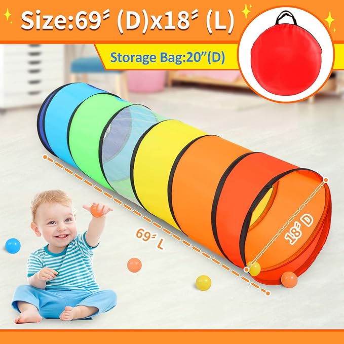 Kids Play Tunnel for Toddlers, 5.7 Foot Pop Up Crawl Through Tunnel Play Tent for Baby Infant Children or Dog with 2 Mesh Sides, Kids Tunnel Toys or Gift Indoor & Outdoor (Rainbow Crawling Tunnel)