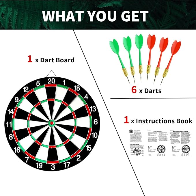 Dart Board Game Set - 17'' Double Sided Usable Dartboard with 6 Steel Tip Darts, Excellent Indoor & Outdoor Party Game, Christmas Birthday Gifts for Adults Teens Family Office Leisure Sport
