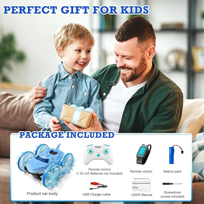 Amphibious Waterproof Remote Control Boat RC Car Monster Truck with Lights 4WD Gesture Hand Controlled Water Beach Pool Toys Kids Gifts for Boys Pool Toys Blue