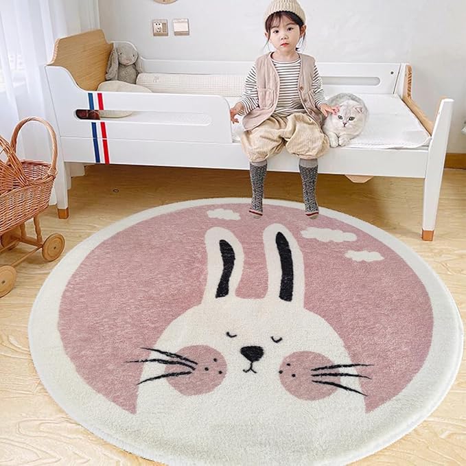 Poowe Pink Rabbit Soft Plush Round Rug for Kids Room - 4 ft Alphabet Non Slip Nursery Bedroom Playroom Washable Classroom ABC Circle Rug for Kids Baby Toddlers