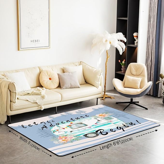Erosebridal Camper Adventure Area Rug 5x7 RV Car Rug for Kids Boys Girls Cartoon Spring Flowers Mountain Travel Carpet Blue Pink Abstract Botanical Non Slip Accent Rug