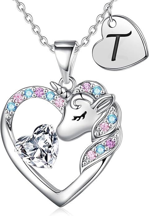 Necklace for Girls Kids Gifts - Colorful CZ Heart Initial Necklaces Unicorn Necklace for Girls Jewelry Birthday Graduation Gifts for Little Girl Kids
