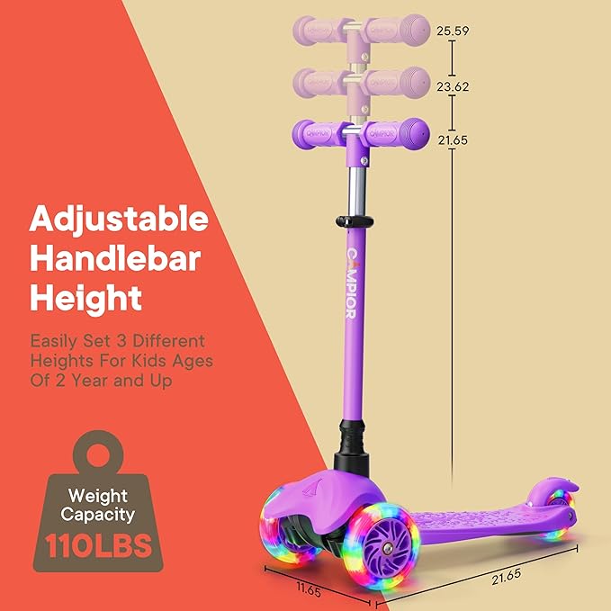 Purple Mini 3 Wheel Scooter for Kids – Lean-to-Steer with LED Light-Up Wheels, Adjustable Handlebar, Wide Anti-Slip Deck, Smooth PU Wheels, Rear Foot Brake – Toddler Scooter for Ages 2+