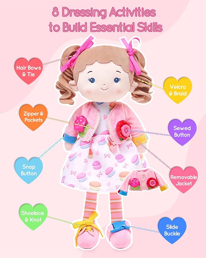 Soft Bady Educational Soft Baby Doll(16''), Learning Sensory Doll for Toddlers, Montessori Toys for 2-Year-Old Girls Christmas, Birthday Gifts, Plush Doll with Button-Busy Cupcake-Girl