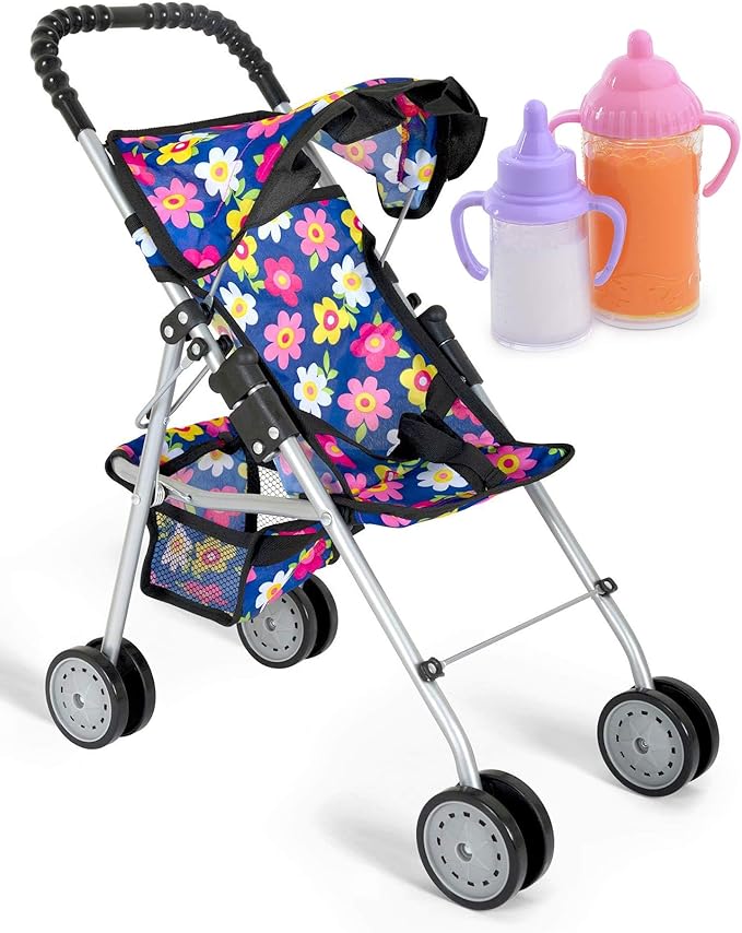 fash n kolor® - Doll Stroller My First Baby Doll Strollers Toy - Flower Design with Basket in The Bottom- Doll Accessories 2 Free Magic Bottles Included - New Year Gift, Boys, Girls