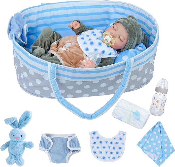 BABESIDE Lifelike Reborn Baby Dolls with Bassinet - 17 Inch Full Vinyl Body Realistic Newborn Baby Doll Boy Real Life Baby Dolls with Basket & Feeding Kit Gift Box for Kids Age 3+
