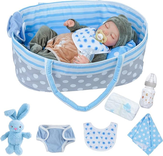 BABESIDE Lifelike Reborn Baby Dolls with Bassinet - 17 Inch Full Vinyl Body Realistic Newborn Baby Doll Boy Real Life Baby Dolls with Basket & Feeding Kit Gift Box for Kids Age 3+