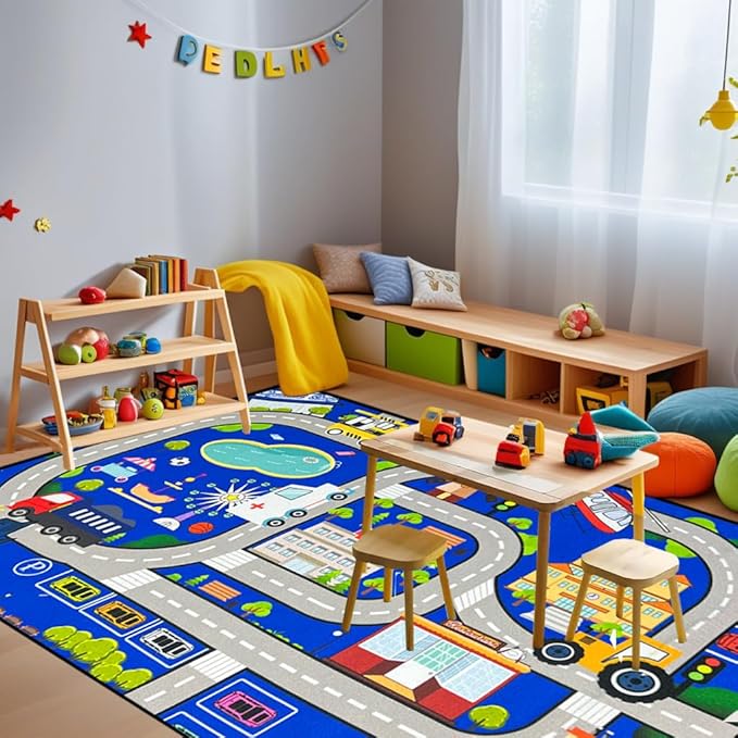 Car Rugs for Kids Toy Cars - Kids Carpet for Playroom Car Track Rug City Life Road Rug for Playroom Living Room Bedroom Classroom Decor, Blue, 2'5''×4'