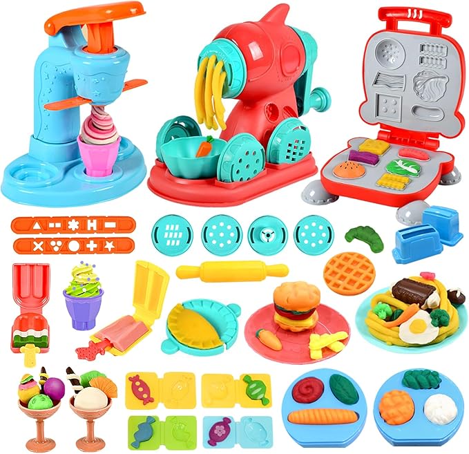 3 in 1 Color Dough Kitchen Creations Set, Ice Cream Noodle Hamburger Maker Machine, Art Crafts Food Modeling Play Toys, Deluxe Tools Kit for Boys Girls Kids Toddlers Ages 3+ (12 Colors Dough)